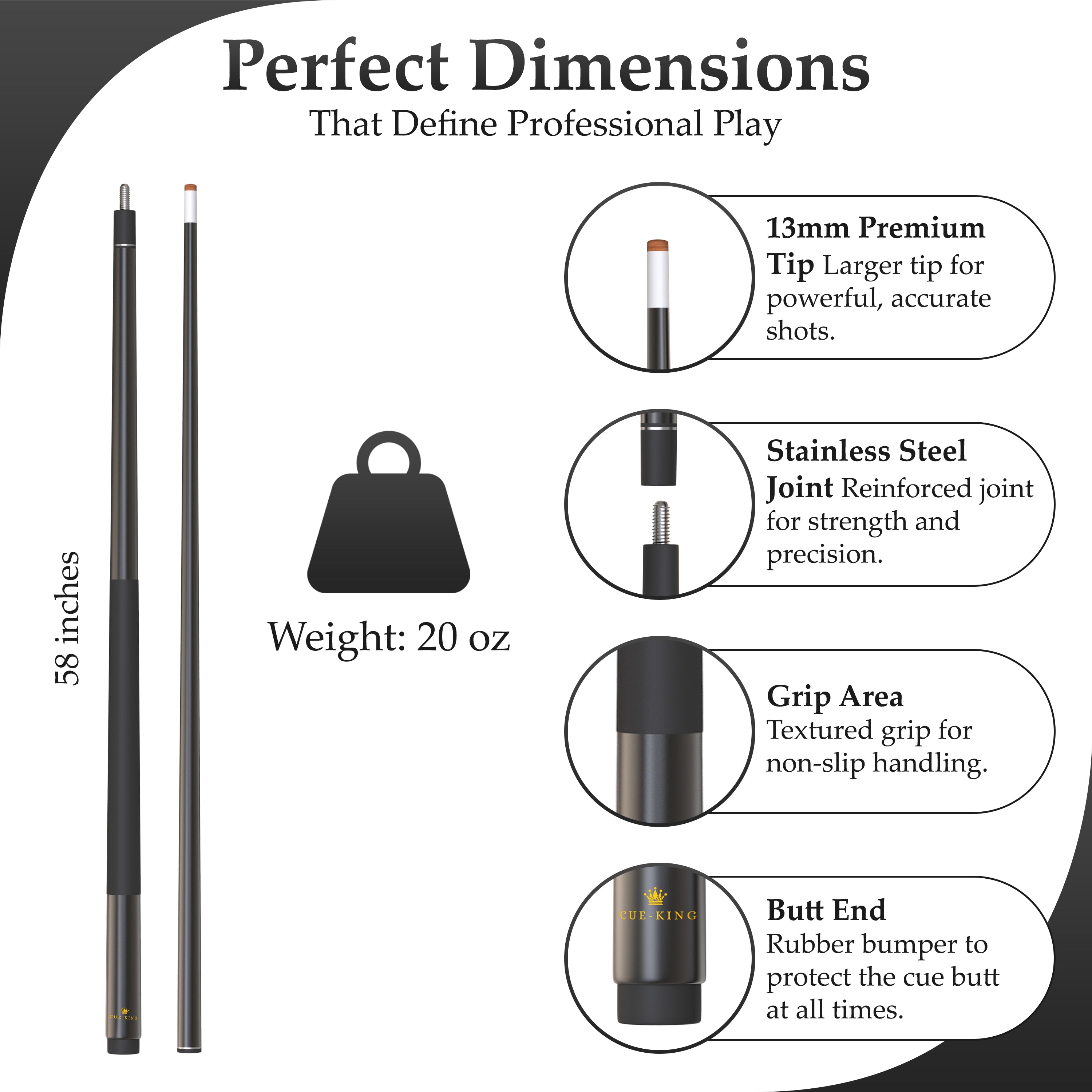 Cue-King Pro-Series Ultra Billiard Cue Pool Cue 2 Piece Fiberglass 58” 20oz with 13mm Premium Tip