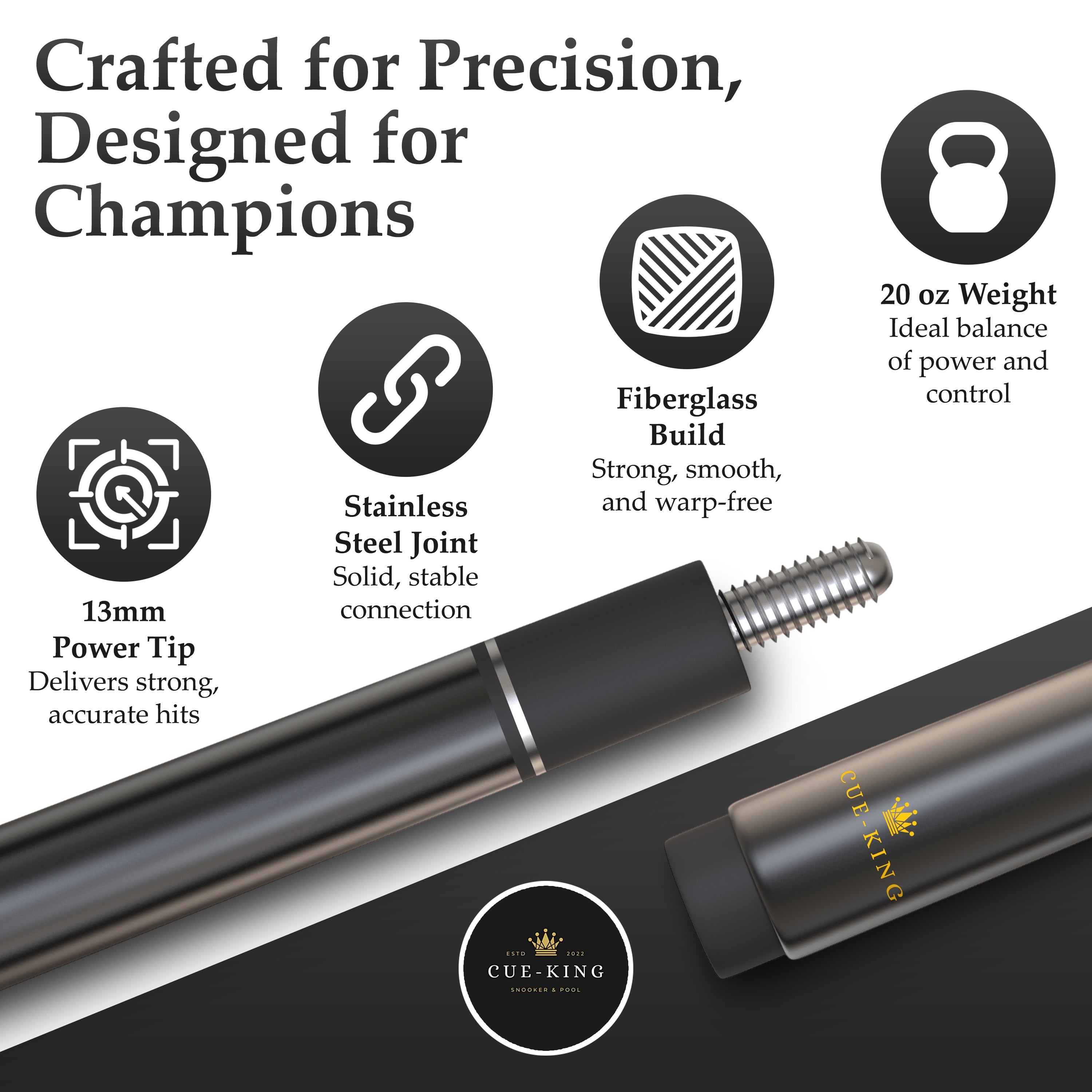 Cue-King Pro-Series Ultra Billiard Cue Pool Cue 2 Piece Fiberglass 58” 20oz with 13mm Premium Tip
