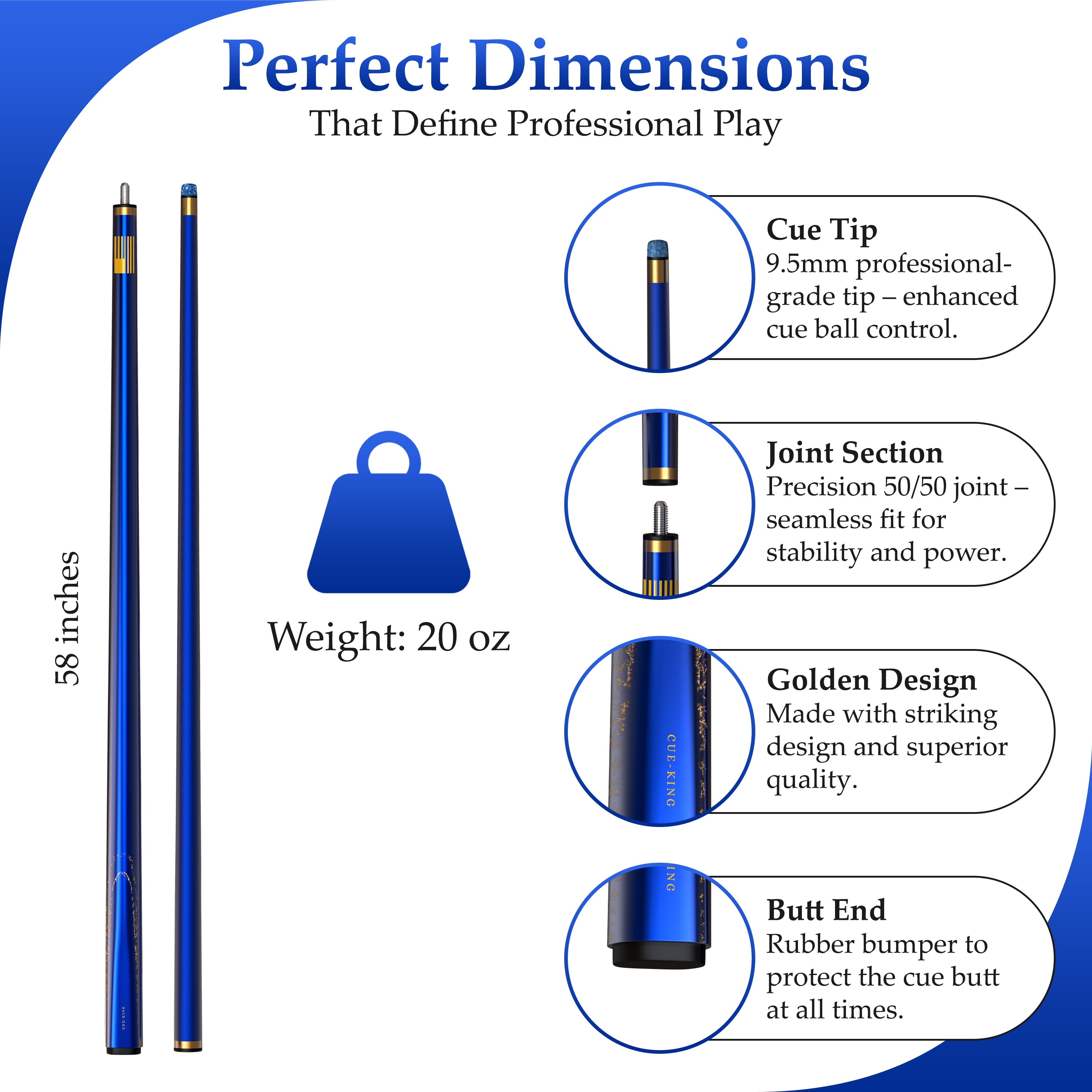 Cue-King Premier 2.0 Professional Pool Cue, 9.5mm tip, 20oz, 50/50 jointed, Leather bag included