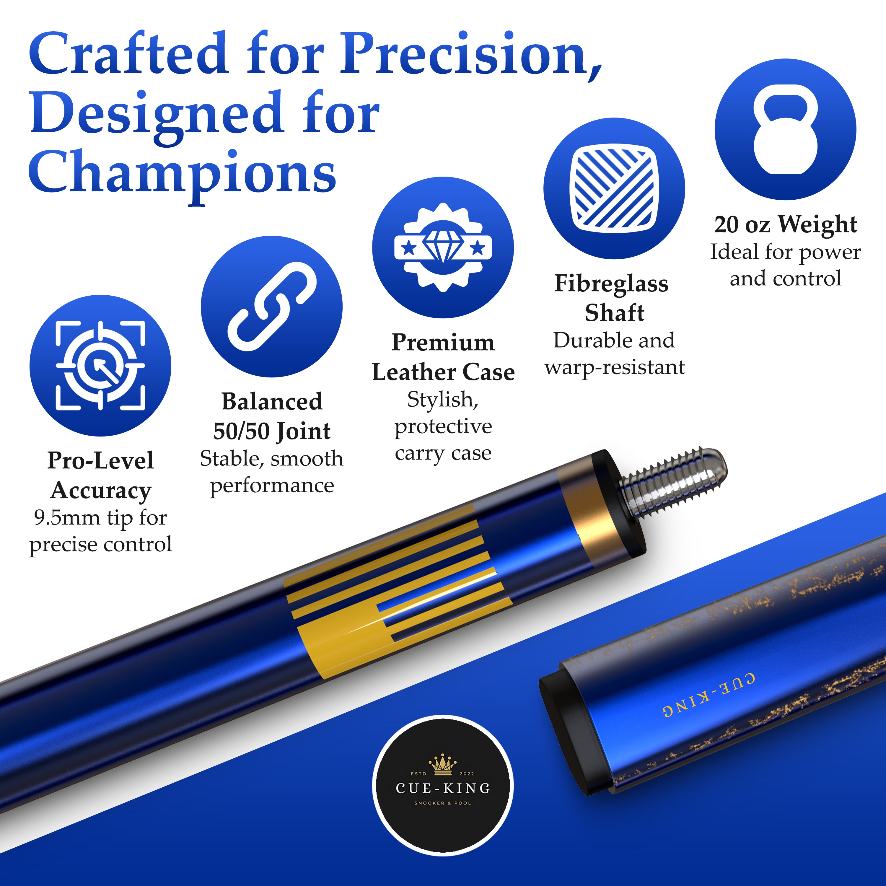 Cue-King Premier 2.0 Professional Pool Cue, 9.5mm tip, 20oz, 50/50 jointed, Leather bag included