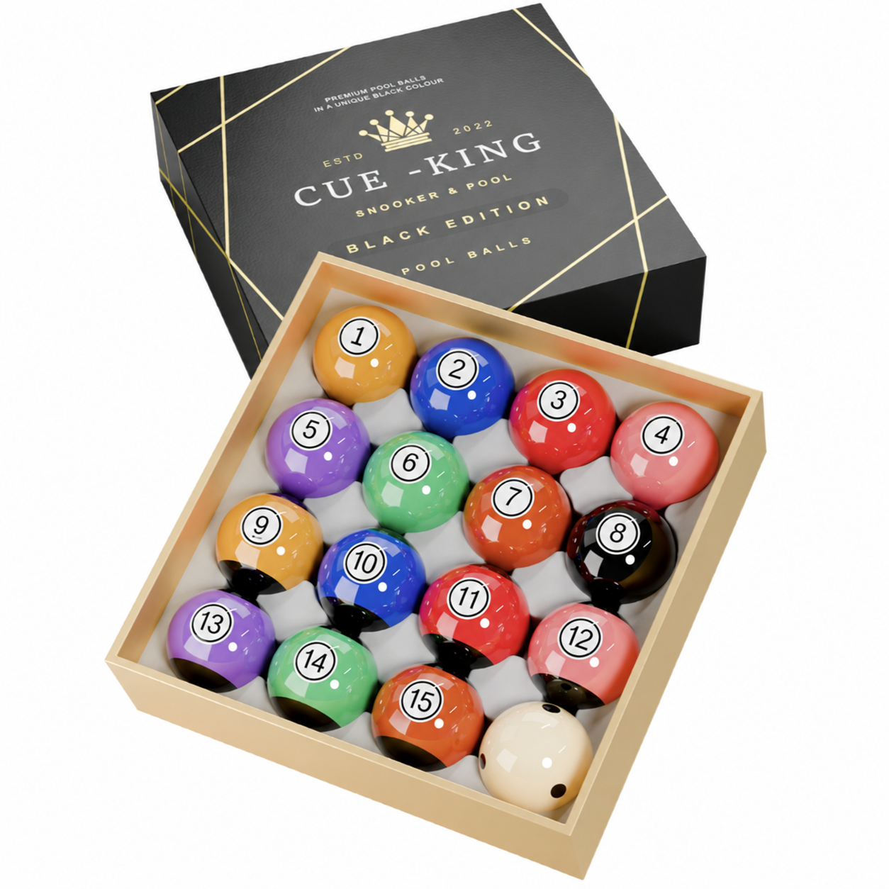 Cue-King Premium Black Edition Pool Balls with Spotted Cue Ball, 2” UK Size with 1 7/8” White Ball