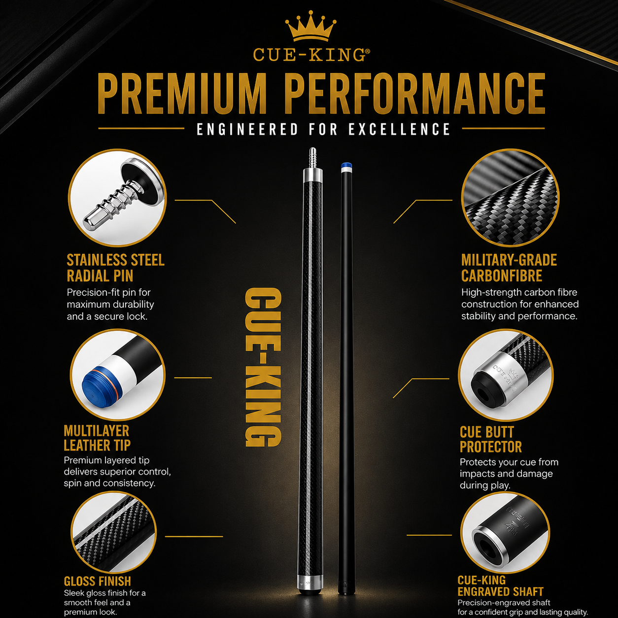 Cue-King Pool Cue Military-Grade Carbon 58” 18oz 2 Piece with 12.5mm Premium Tip Finished in Gloss Exposed Carbon, Professional Pool Cue