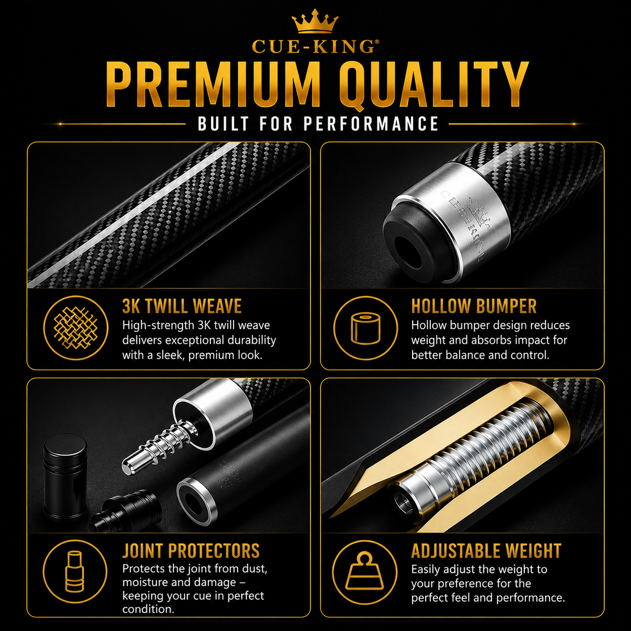 Cue-King Pool Cue Military-Grade Carbon 58” 18oz 2 Piece with 12.5mm Premium Tip Finished in Gloss Exposed Carbon, Professional Pool Cue