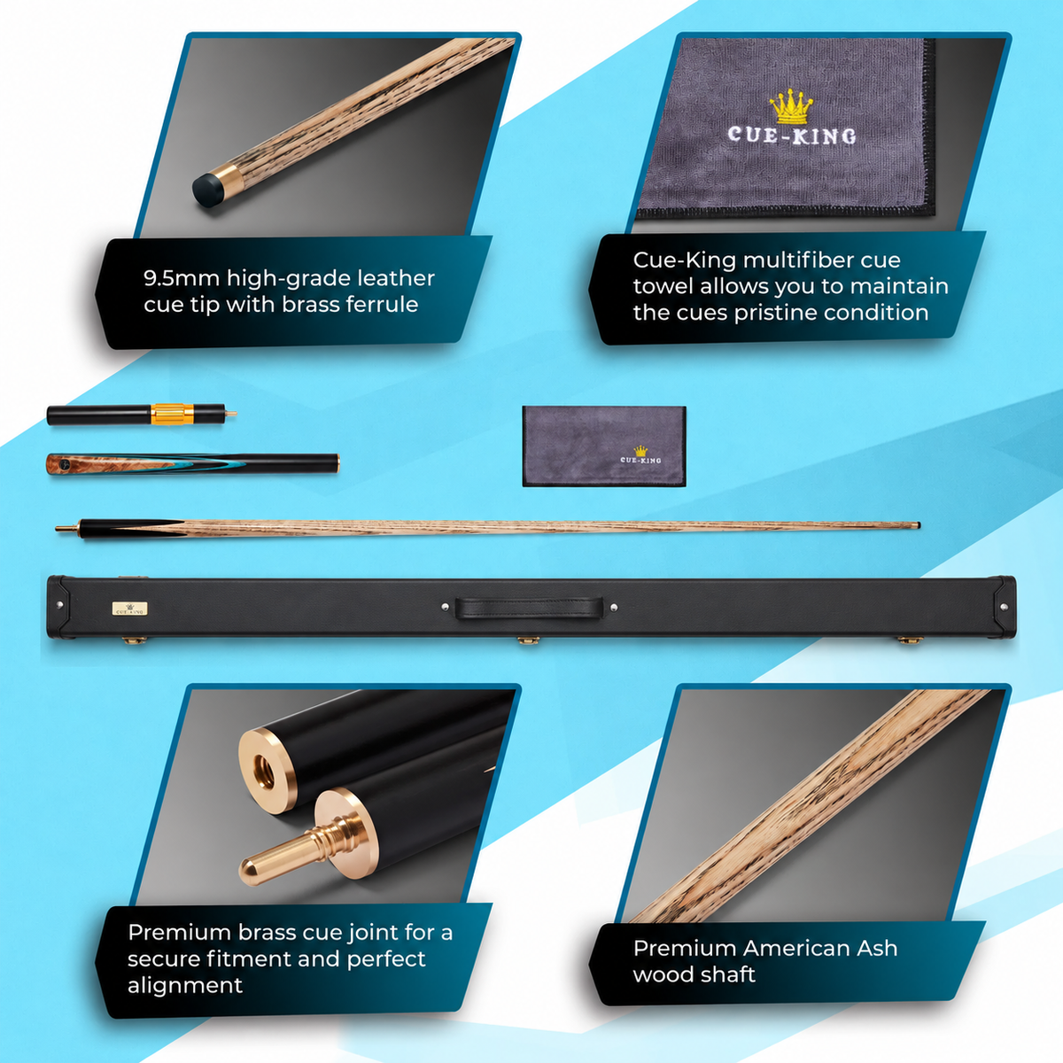 Cue-King Premier 300 Snooker Cue – 9.5mm, 3/4 Joint, Leather Case