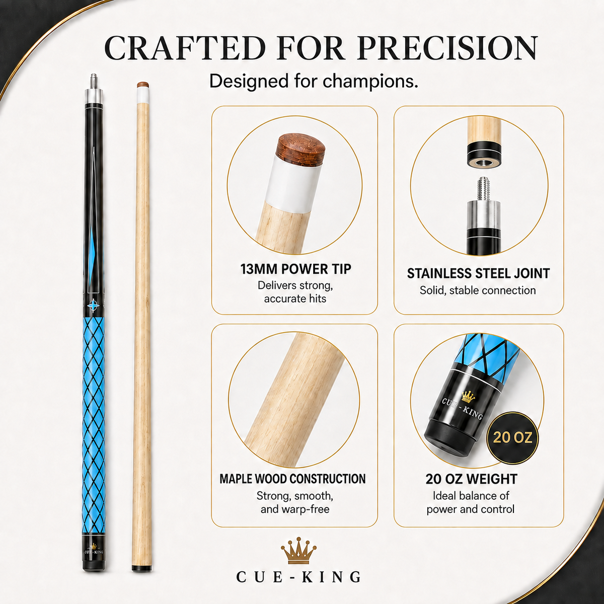 Cue-King Canadian Maple Pool Cue – 13mm, 50/50 Joint
