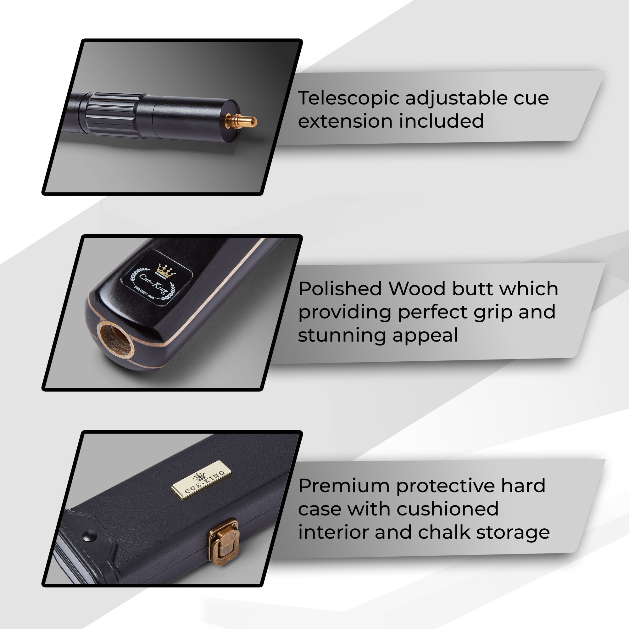 Cue-King Black Series 57" Snooker and Pool Cue 3/4 Jointed With Leather Case and XL Telescopic Extension