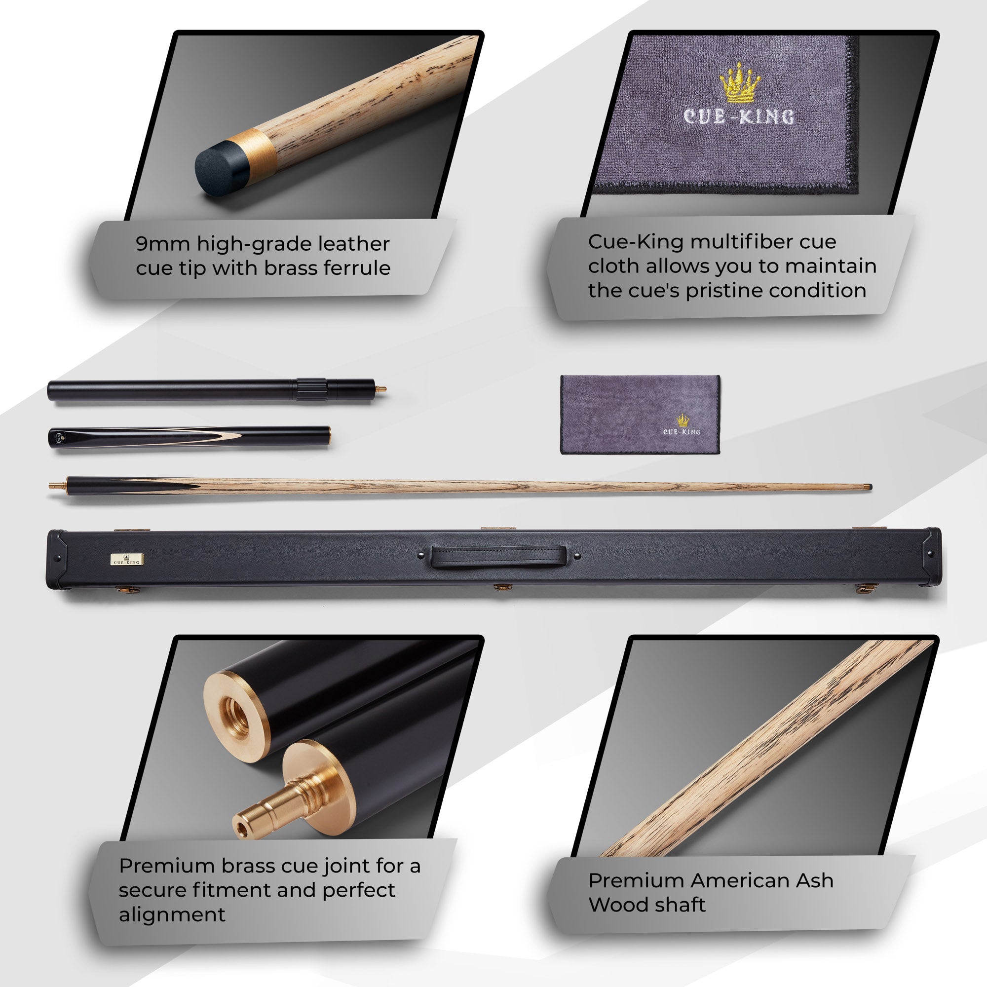 Cue-King Black Series 57" Snooker and Pool Cue 3/4 Jointed With Leather Case and XL Telescopic Extension