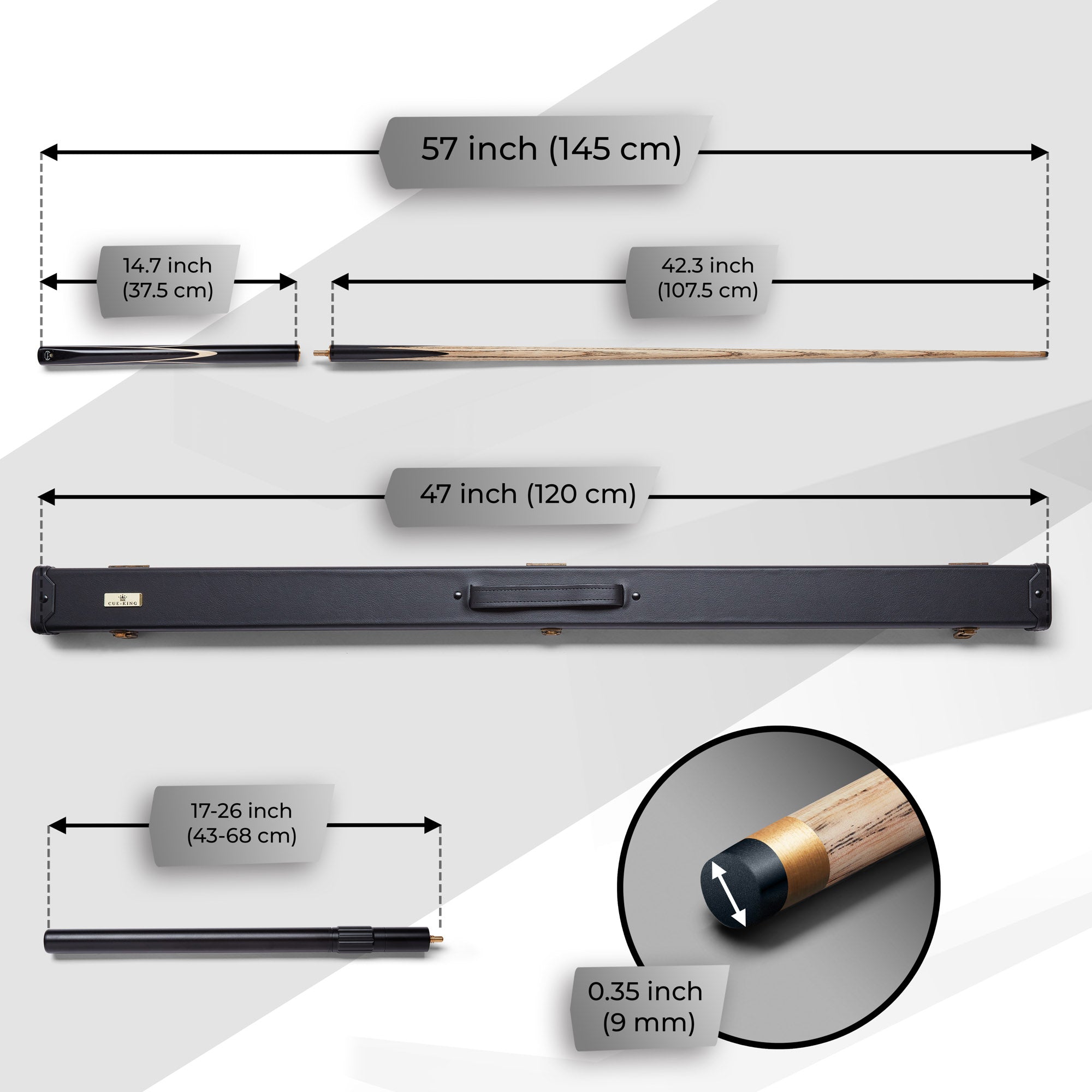 Cue-King Black Series 57" Snooker and Pool Cue 3/4 Jointed With Leather Case and XL Telescopic Extension
