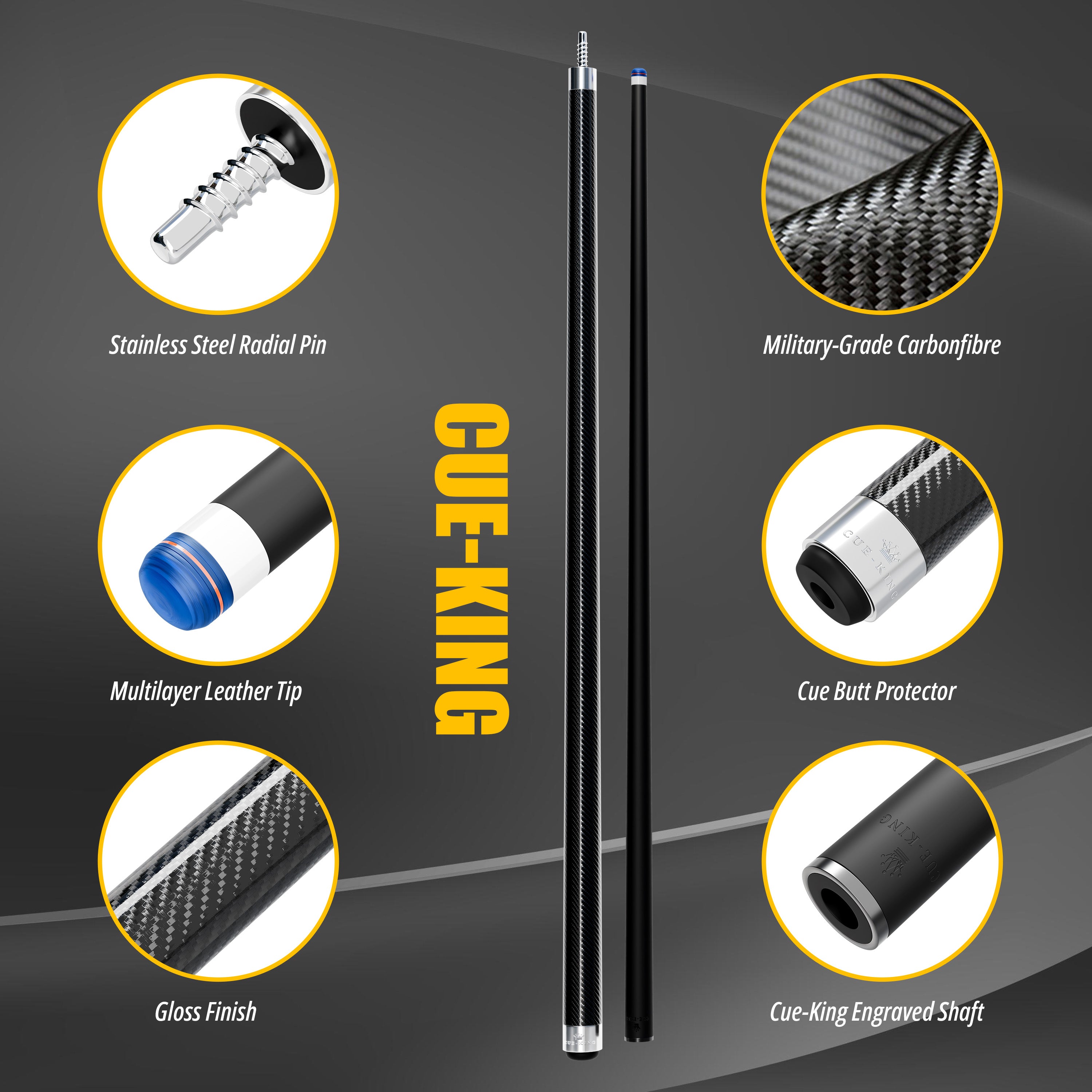 Cue-King Pool Cue Military-Grade Carbon 58” 18oz 2 Piece with 12.5mm Premium Tip Finished in Gloss Exposed Carbon, Professional Pool Cue