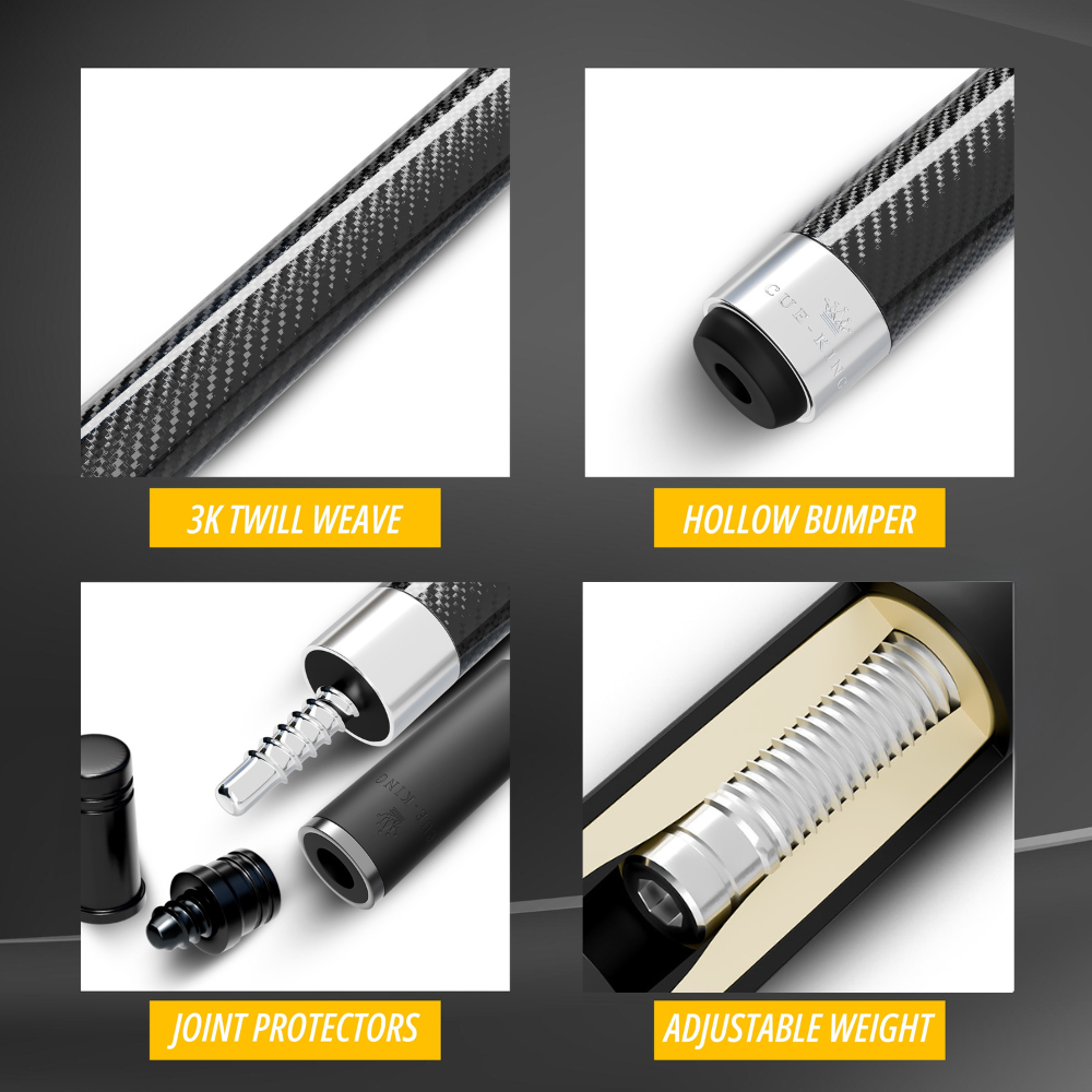 Cue-King Pool Cue Military-Grade Carbon 58” 18oz 2 Piece with 12.5mm Premium Tip Finished in Gloss Exposed Carbon, Professional Pool Cue