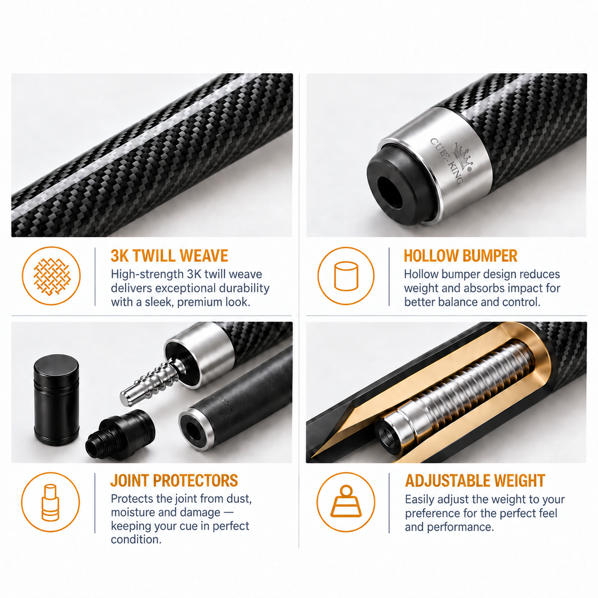 Cue-King Carbon Pro Pool Cue – 10.5/12.5mm, 2 Piece, Case Options