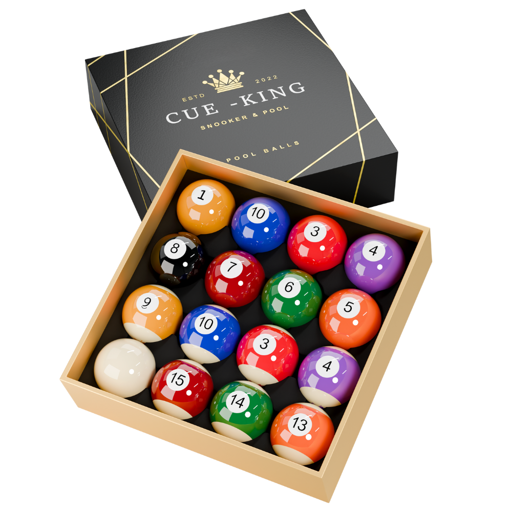 Cue-King spots and stripes pool balls in an open presentation box