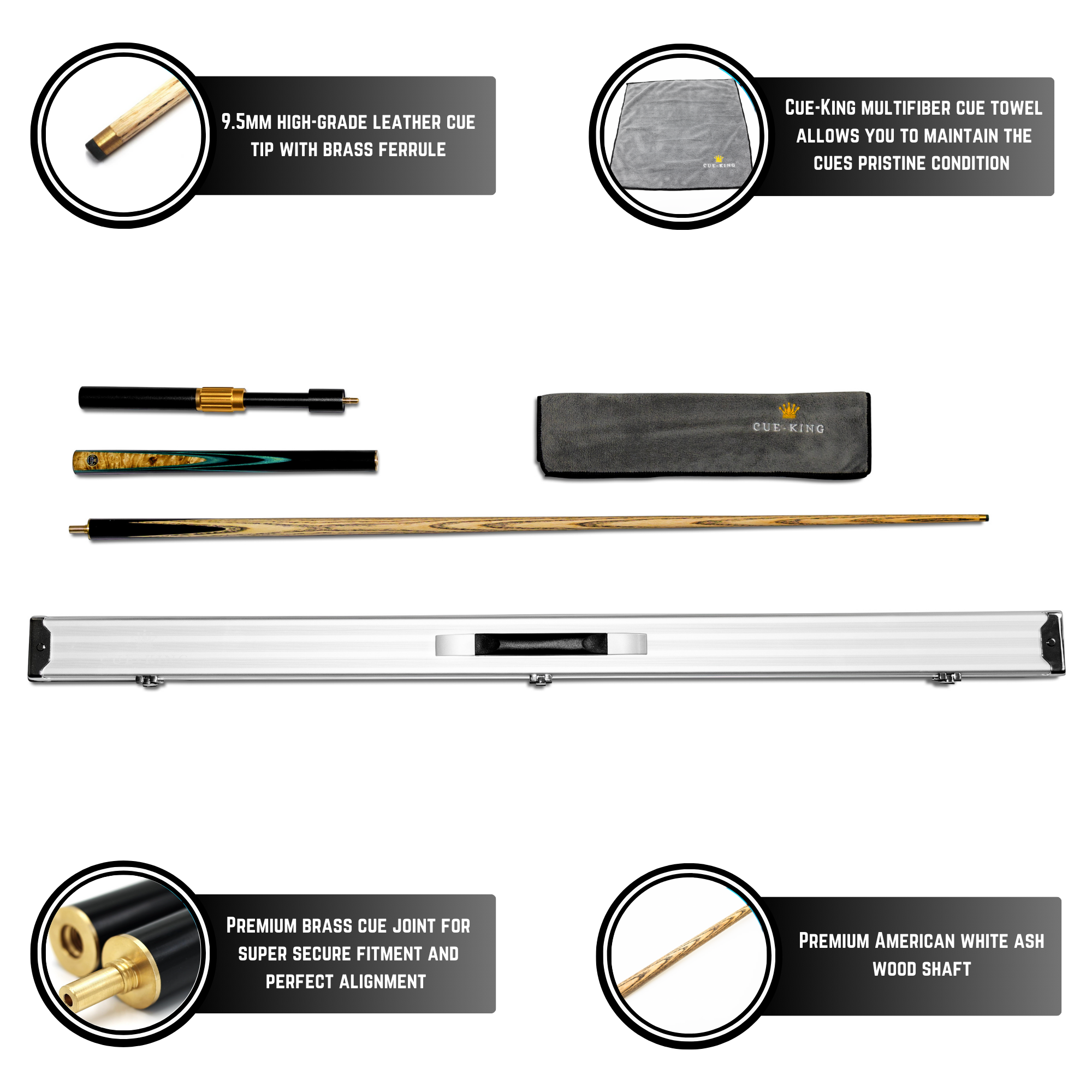 Cue-King Premier 300 57" Snooker and Pool Cue 3/4 Jointed With Aluminium Case and Telescopic Extension