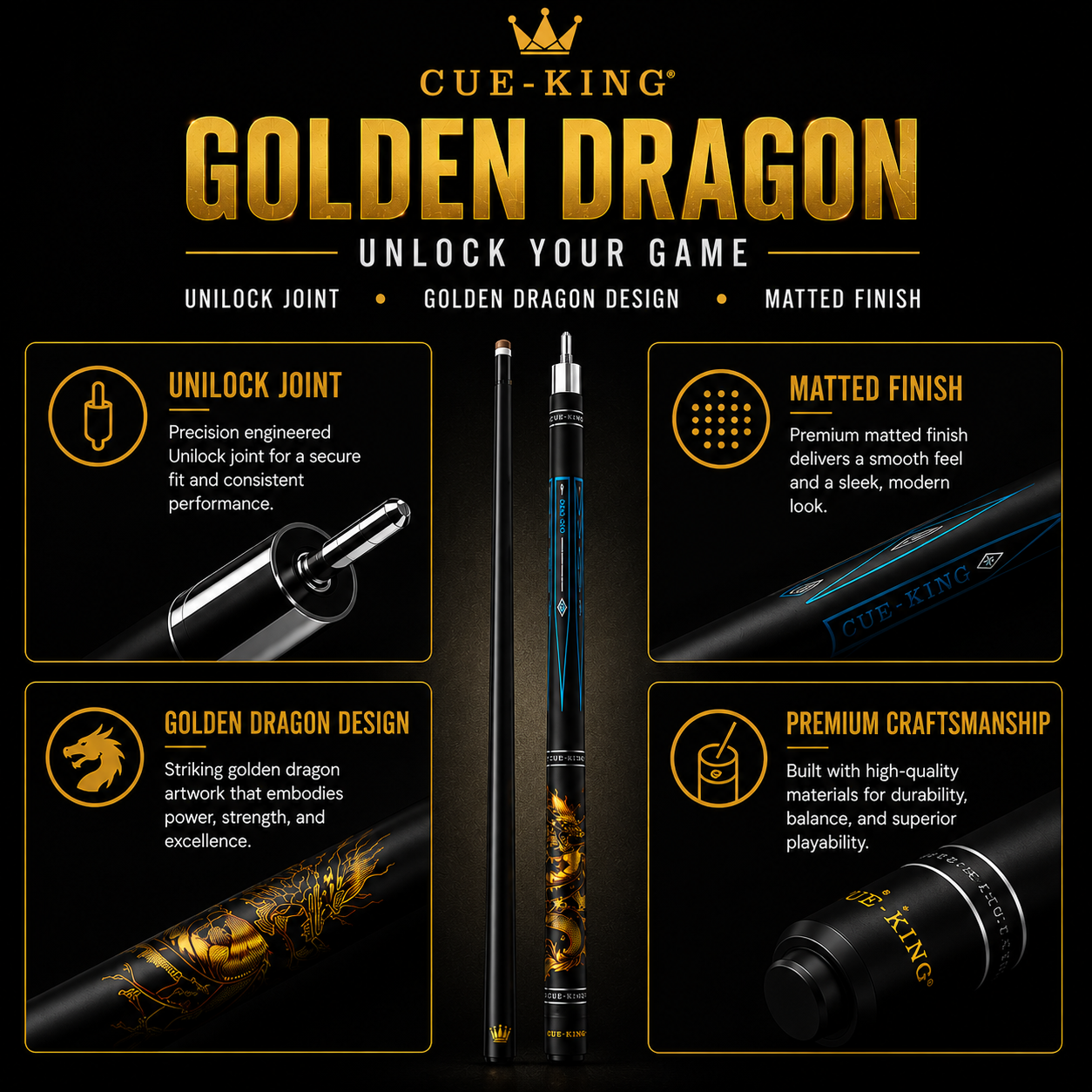Cue-King Dragon Pool Cue, Solid Wood and Fibreglass, Stainless Steel Unilock Joint, Premium Grip, Golden Dragon Design
