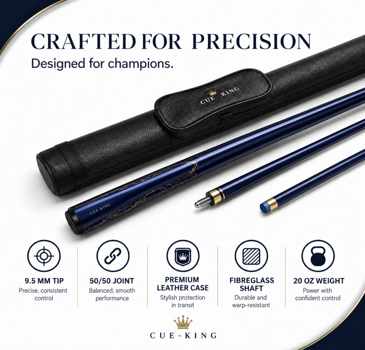 Cue-King Premier 2.0 Pool Cue – 9.5mm, 50/50 Joint, Leather Bag