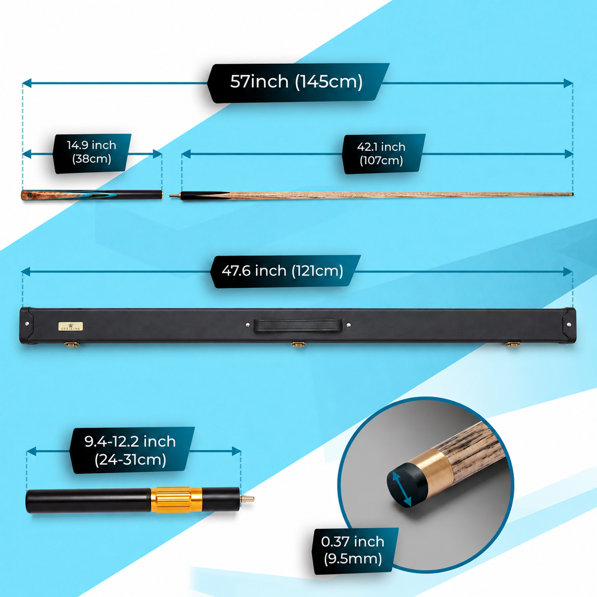 Cue-King Premier 300 Snooker Cue – 9.5mm, 3/4 Joint, Leather Case