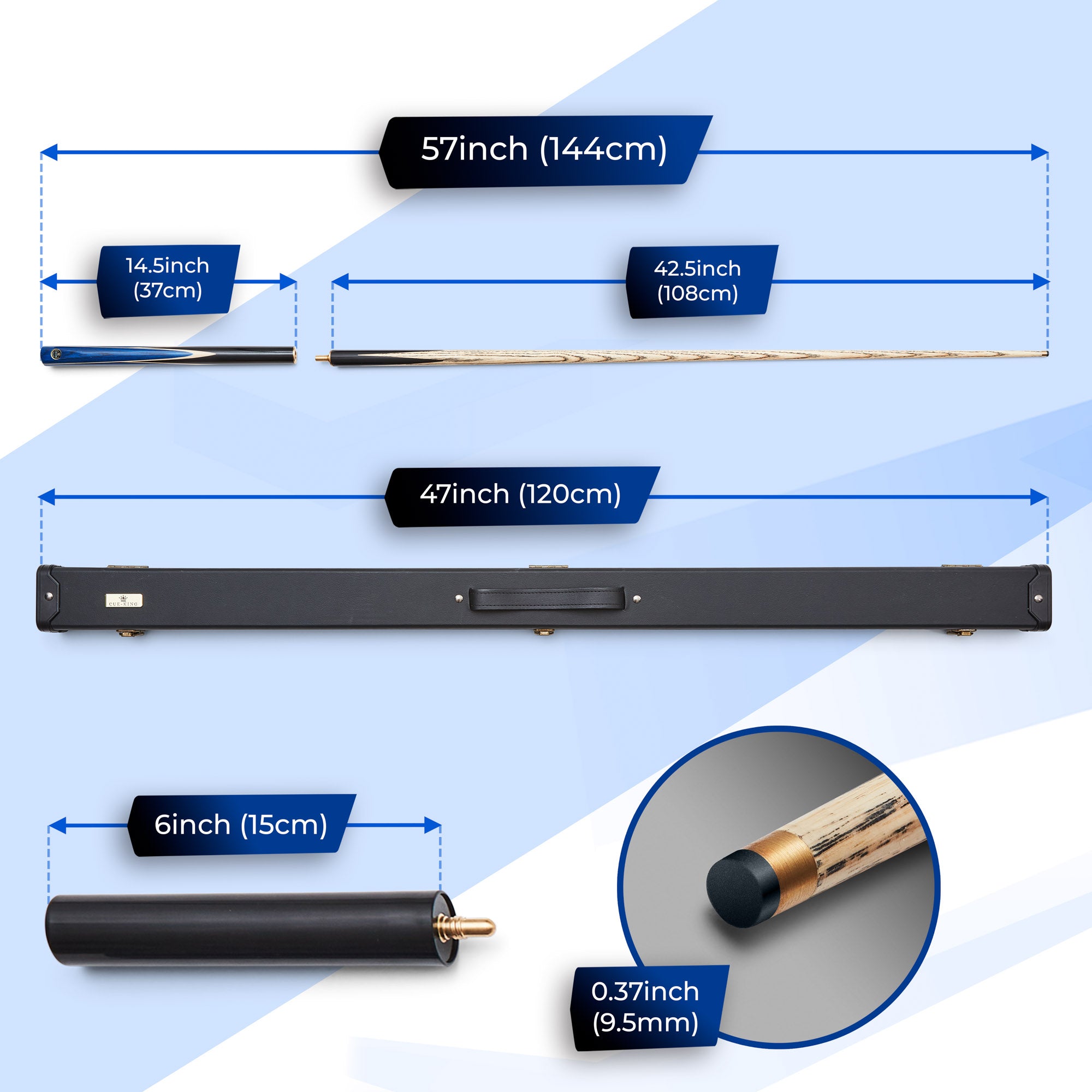 Cue-King Pro Series 001 57" 19oz Snooker and Pool Cue 3/4 Jointed with Case and Extension