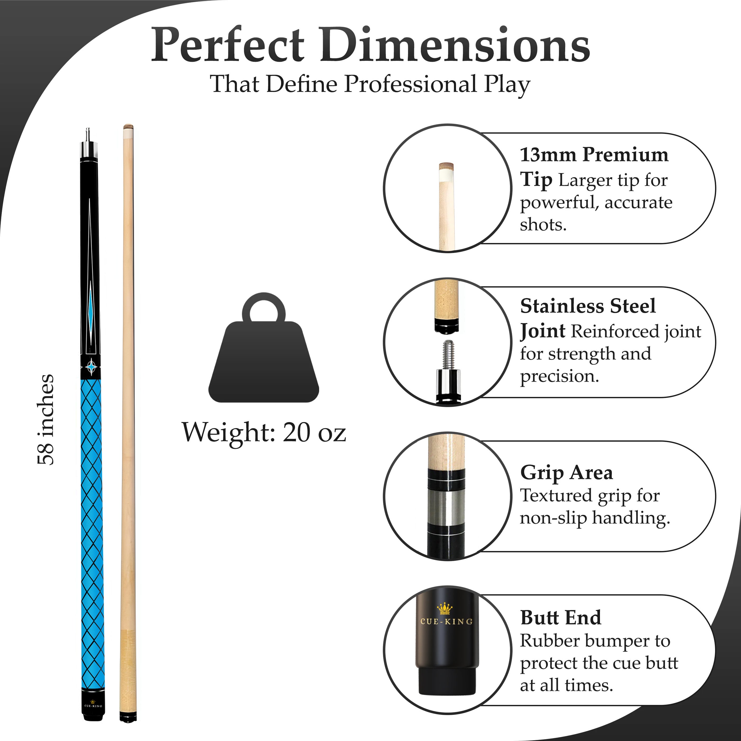 Cue-King Professional Pool Cue with Canadian Maple Shaft 13mm Tip 2 Piece 50/50 Jointed